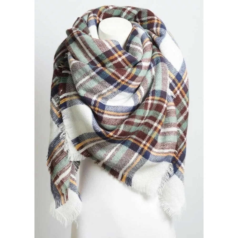 SOLD OUT White Mint Brown Classic Frayed Hem Blanket Scarf - Picture 2 of 4